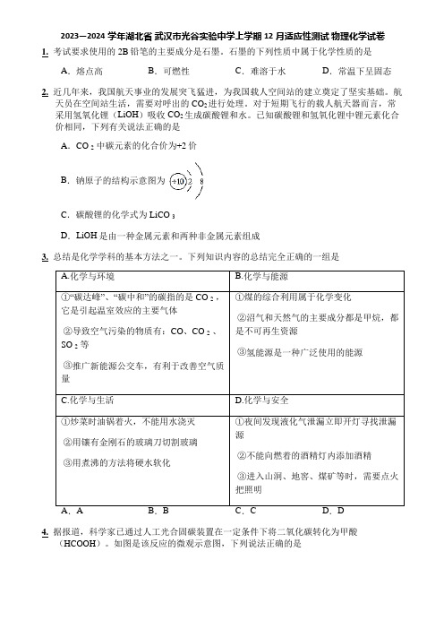 2023—2024学年湖北省 武汉市光谷实验中学上学期12月适应性测试 物理化学试卷