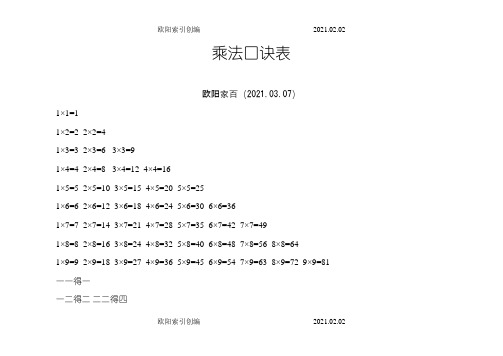 二年级乘法口诀表之欧阳索引创编