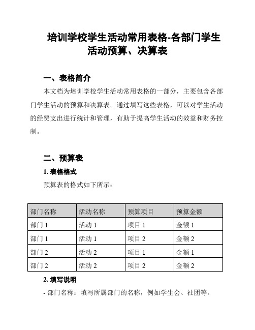 培训学校学生活动常用表格-各部门学生活动预算、决算表