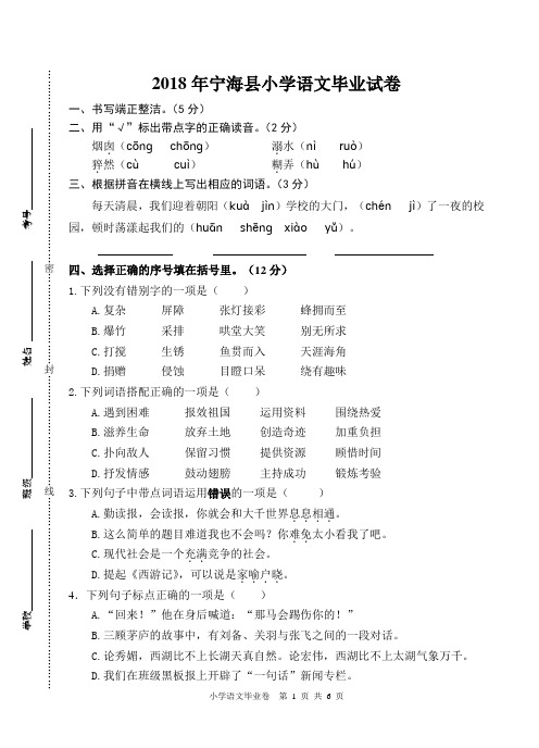 2018年小学语文毕业考试卷