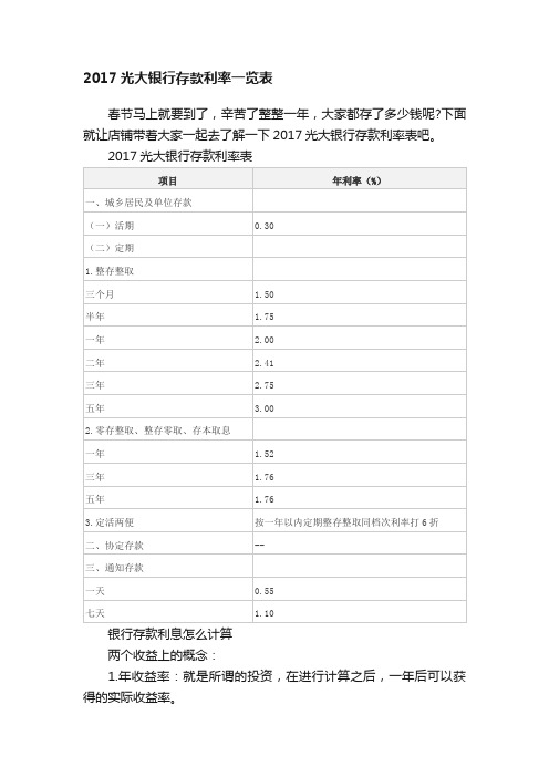 2017光大银行存款利率一览表