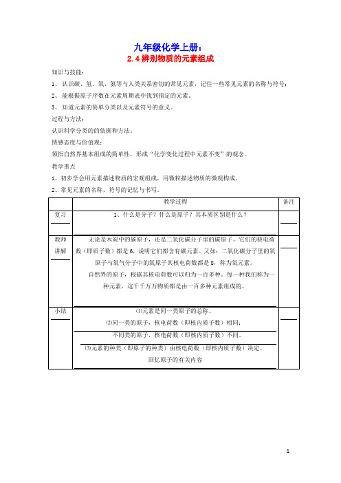 九年级化学上册第二章空气物质的构成2.4辨别物质的元素组成教案新版粤教版