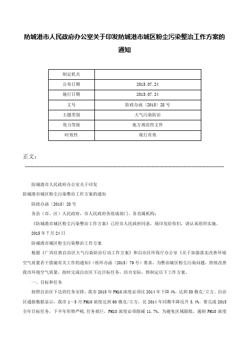 防城港市人民政府办公室关于印发防城港市城区粉尘污染整治工作方案的通知-防政办函〔2015〕28号