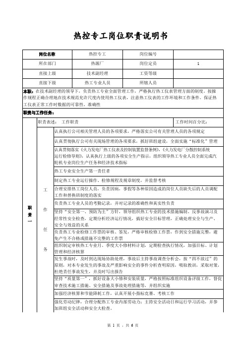 热控专工岗位职责说明书