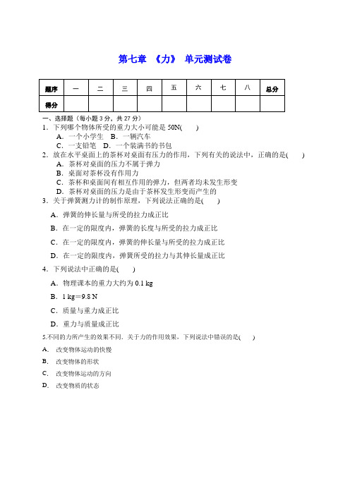 人教版八年级物理下册 第七章 《力》单元测试(包含答案)