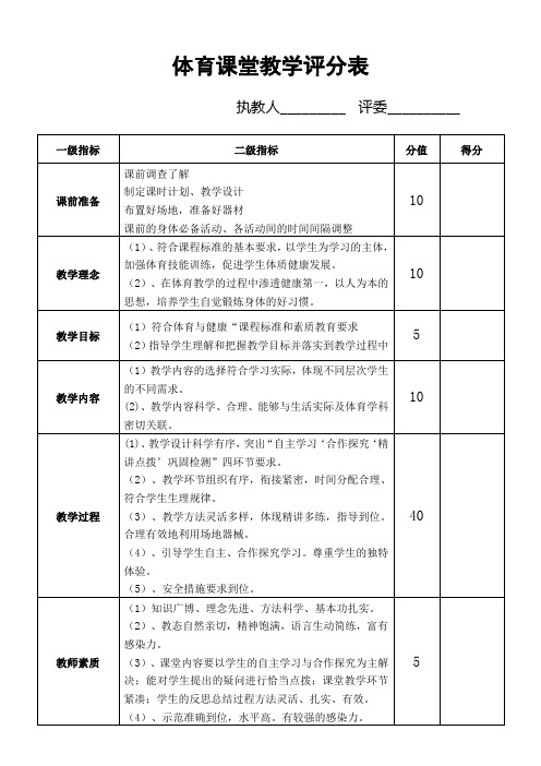 体育课堂教学评分表