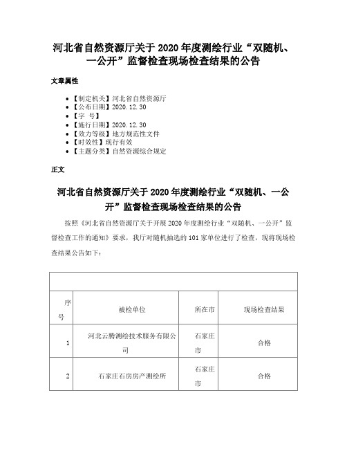 河北省自然资源厅关于2020年度测绘行业“双随机、一公开”监督检查现场检查结果的公告