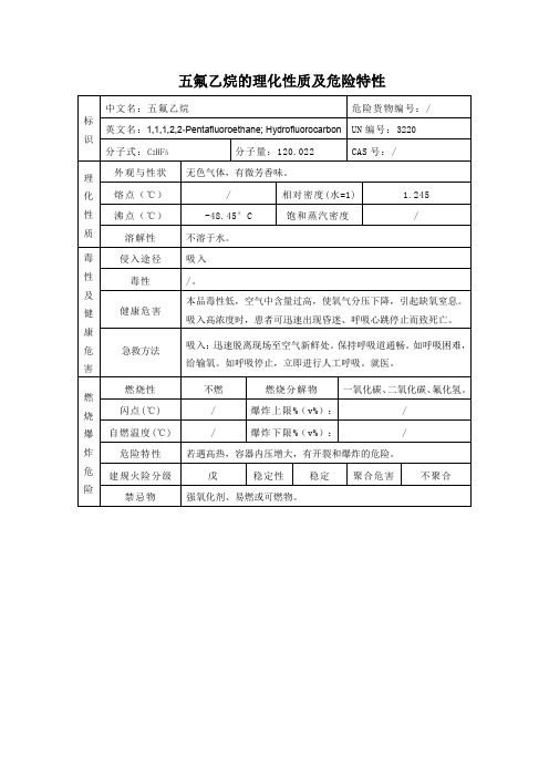 8危险化学品五氟乙烷的理化性质及危险特性表MSDS