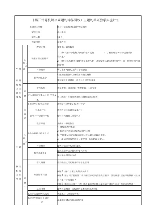 《揭开计算机解决问题的神秘面纱》主题的单元教学实施计划