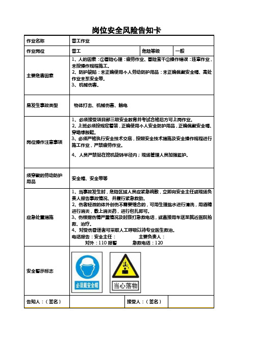 普工岗位安全风险告知卡