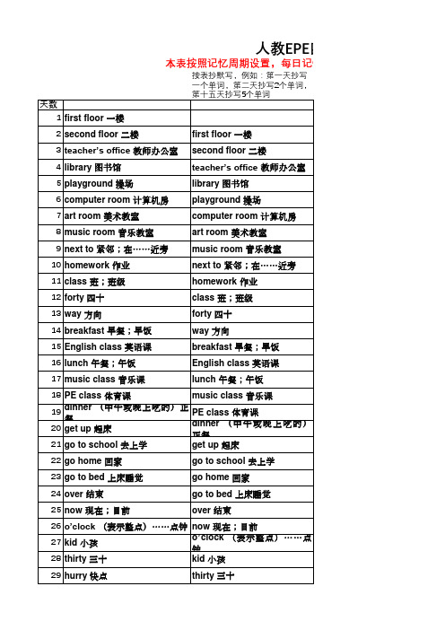 人教EPE 英语四年级下册 单词循环记忆表 抄写+默写