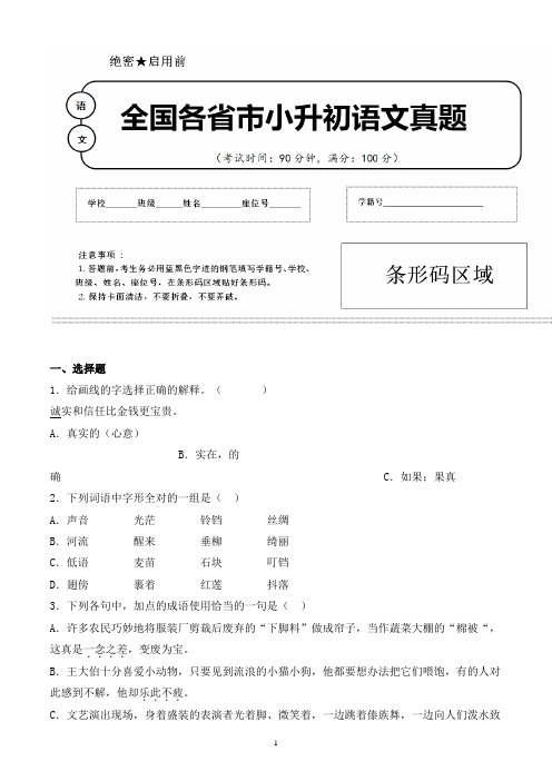 【小升初】2020年吉林省辽源市小升初语文毕业会考试题含答案(全网唯一)