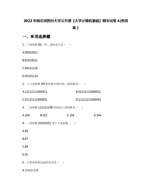 2022年哈尔滨医科大学公共课《大学计算机基础》期末试卷A(有答案)