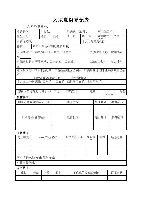 入职意向登记表