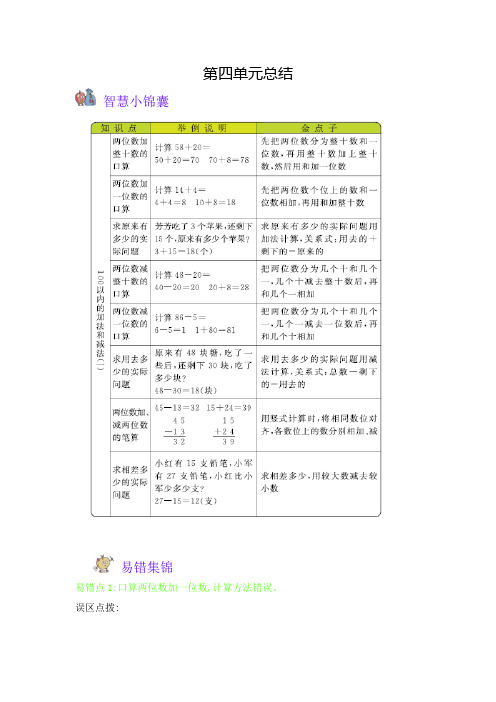 苏教版小学数学一年级下册《第四单元 100以内的加法和减法(一)》知识点小结