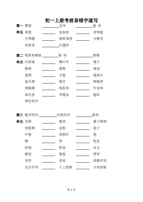 初一上册考前易错字速写