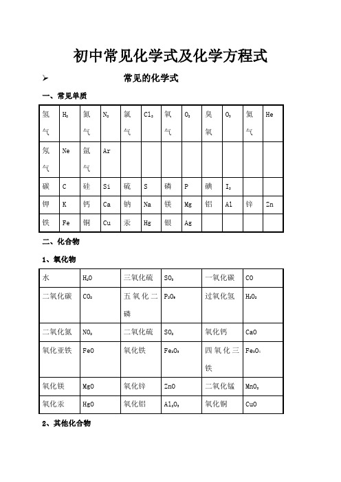 初中常见化学式及化学方程式大全