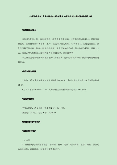 士兵军校考试大专毕业生士兵专升本文化科目统一考试物理考试大纲