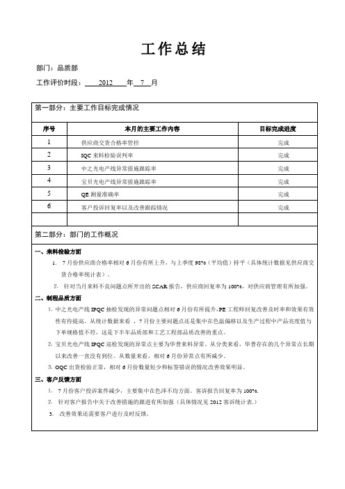 品质部月度工作总结(7月份)