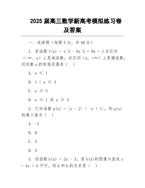 2025届高三数学新高考模拟练习卷及答案