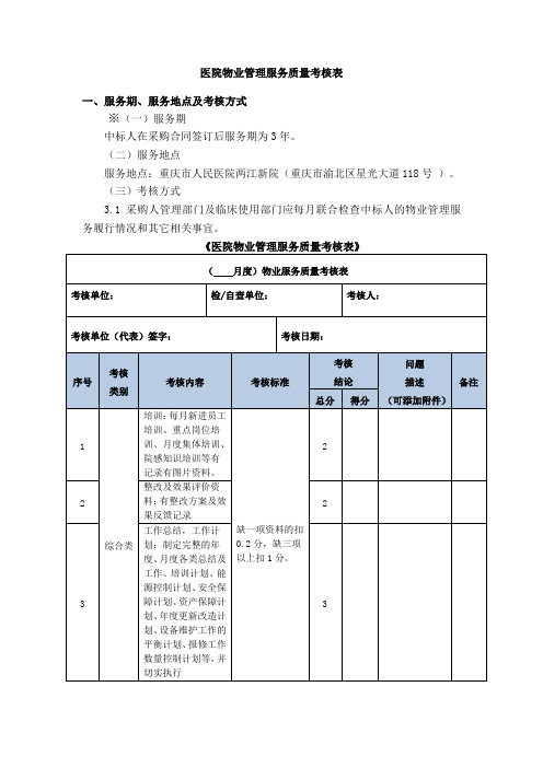 医院物业管理服务质量考核表