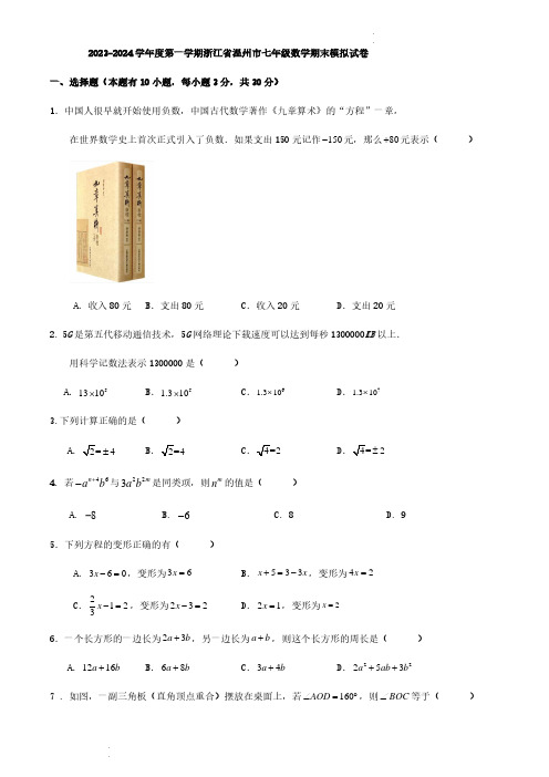 浙江省温州市2023-2024学年上学期七年级数学期末模拟试卷及参考答案