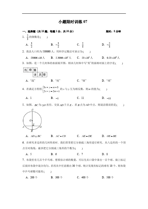 训练07-2021年中考数学选填题限时训练(广东专用)(原卷版)