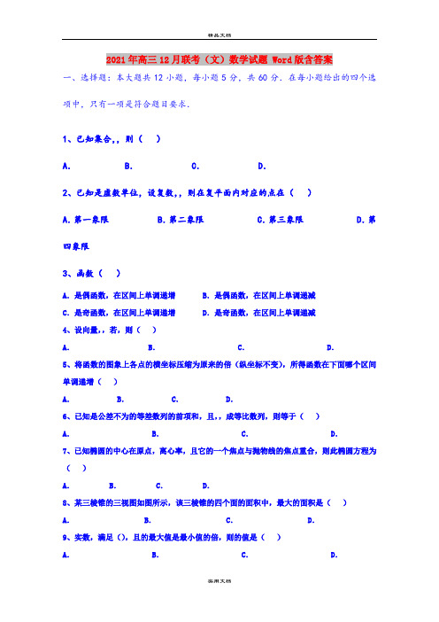 2021年高三12月联考(文)数学试题 Word版含答案