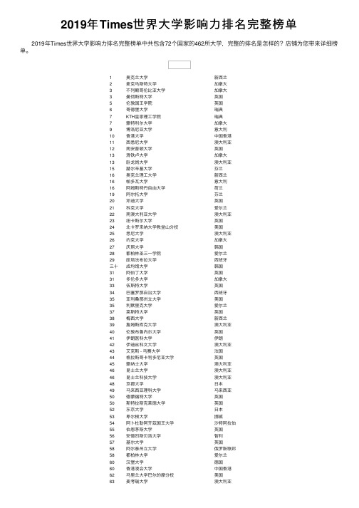 2019年Times世界大学影响力排名完整榜单