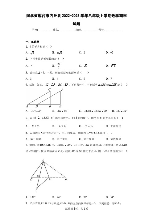 河北省邢台市内丘县2022-2023学年八年级上学期数学期末试题(含答案解析)