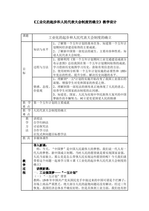 人教新课标初中历史八年级下册《第4课 工业化的起步和人民代表大会制度的确立》优质课教学设计_2