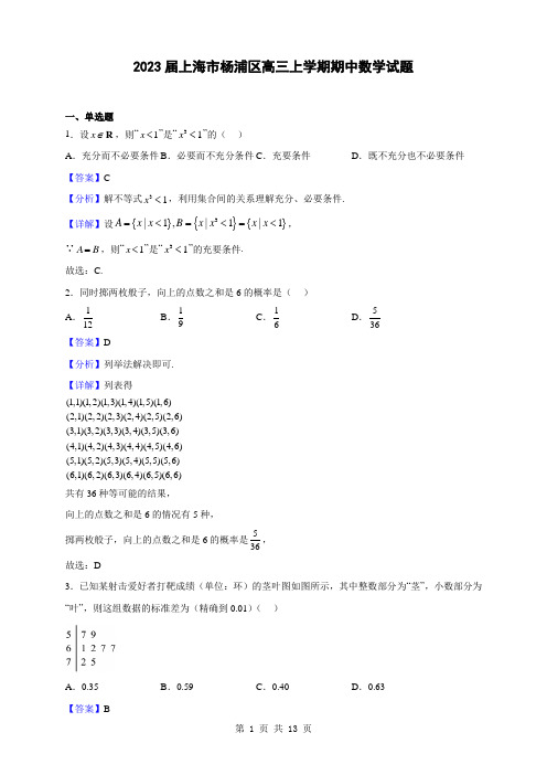 2023届上海市杨浦区高三上学期期中数学试题(解析版)