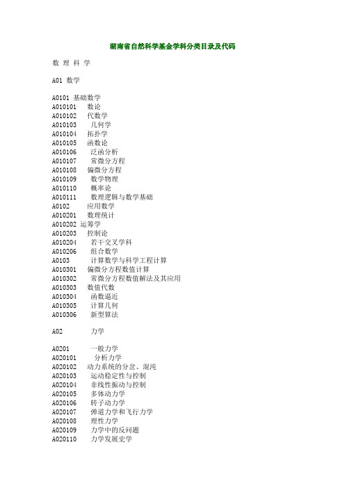 湖南省自然科学基金学科分类目录及代码