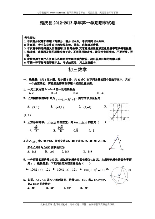 北京市延庆县2013届九年级上学期期末考试数学试题