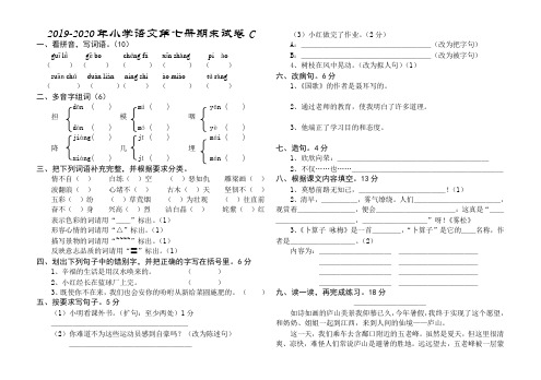 2019-2020年小学语文第七册期末试卷C