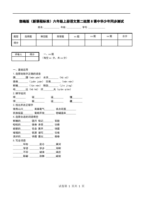 部编版(新课程标准)六年级上册语文第二组第8课中华少年同步测试