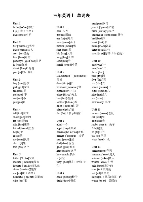 三年级起点 英语三年级上册 单词表(带音标)