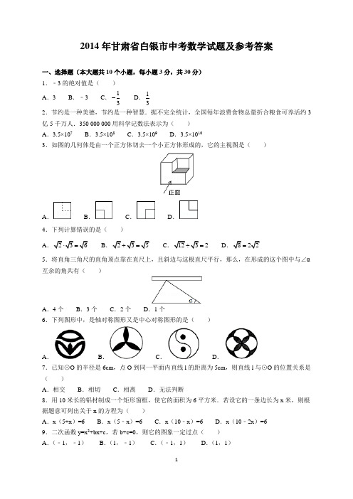 2014年甘肃省白银市中考数学试题及参考答案(word解析版