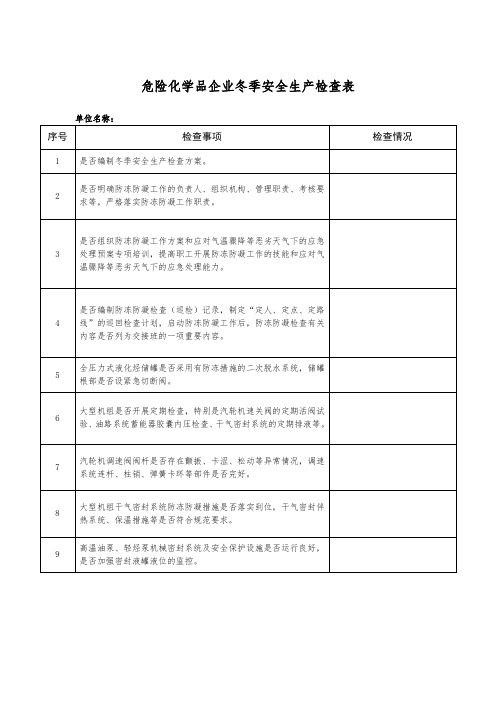 危险化学品企业冬季安全生产检查表