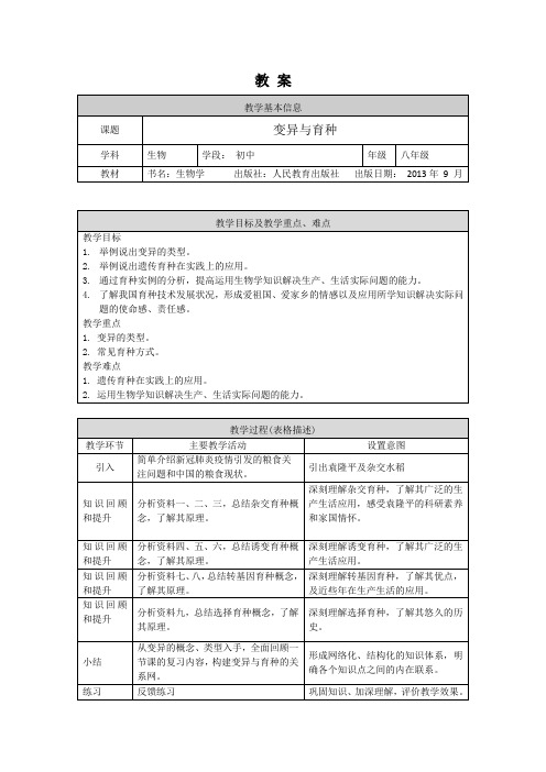 初二生物学(人教版)专题复习五生物的生殖发育与遗传变异与育种1教案