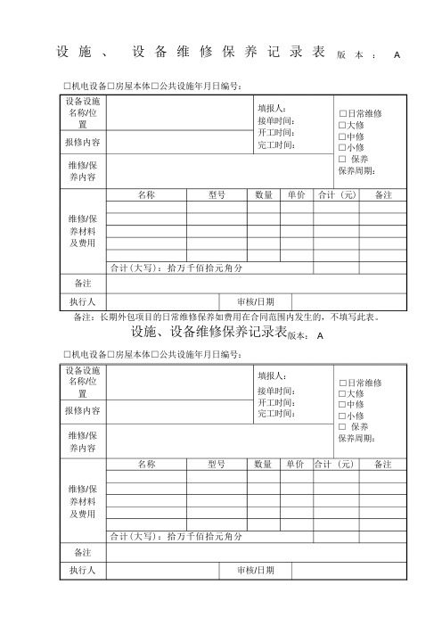 设施、设备维修保养记录表