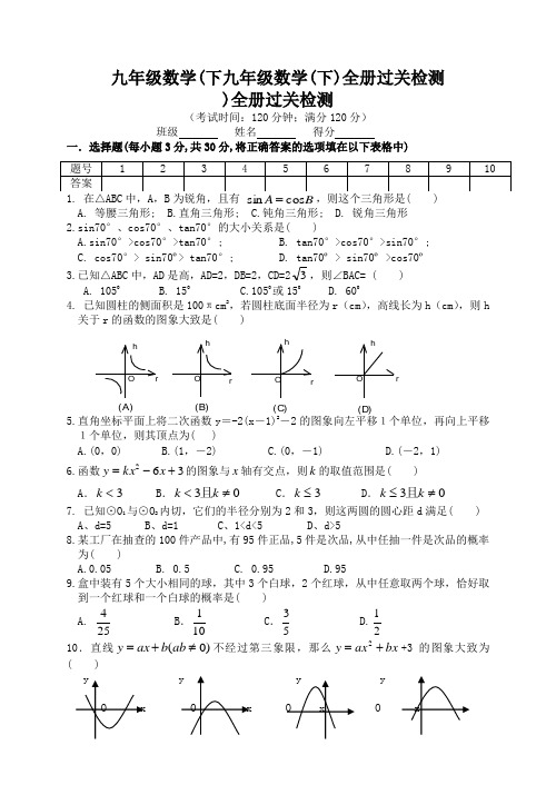 九年级数学(下九年级数学(下)全册过关检测