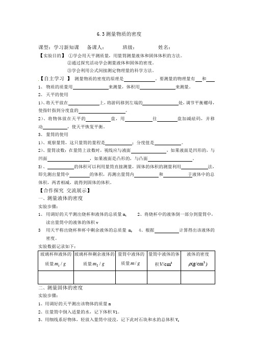 人教版物理八年级上册导学案：6.3测量物质的密度