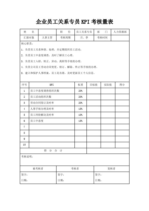 企业员工关系专员KPI考核量表