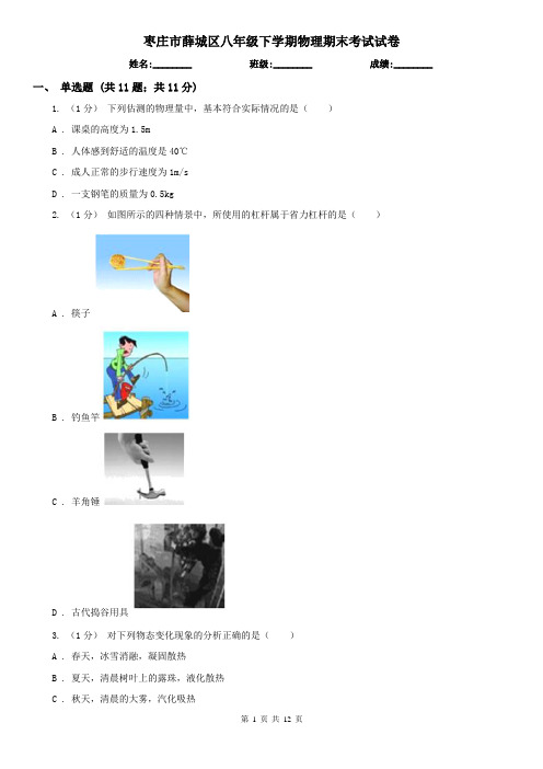 枣庄市薛城区八年级下学期物理期末考试试卷