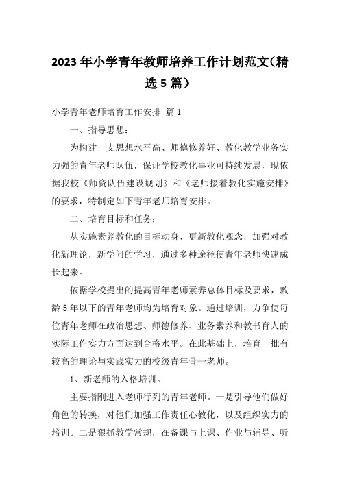 2023年小学青年教师培养工作计划范文(精选5篇)