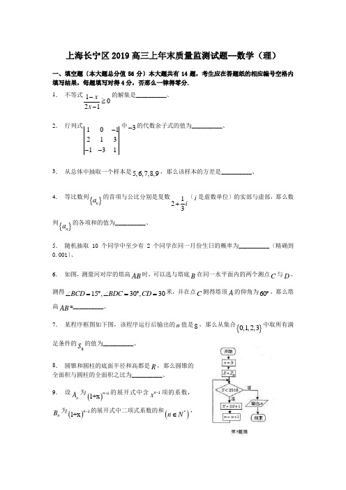 上海长宁区2019高三上年末质量监测试题--数学(理)