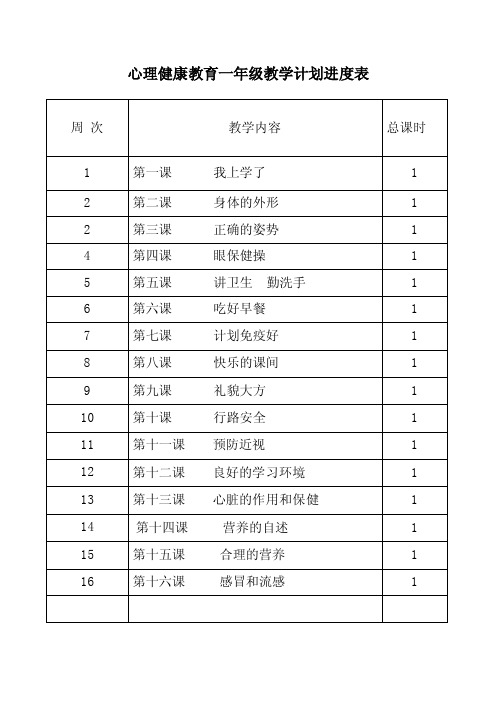 心理健康教育一年级教学计划进度表