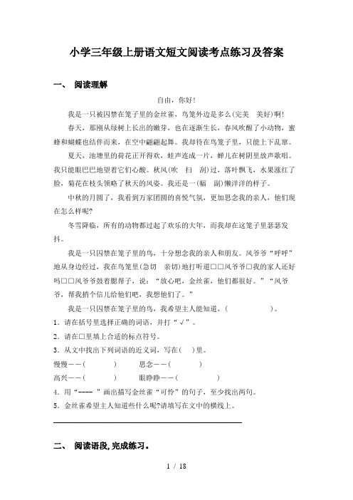 小学三年级上册语文短文阅读考点练习及答案