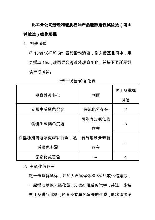 化工分公司芳烃和轻质石油产品硫醇定性试验法博士试验法操作规程